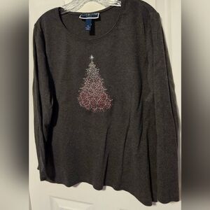 Karen Scott Gray Long Sleeve Tee with Christmas Tree Design
